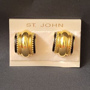 St. John Vintage Gold and Black Enamel Clip-on Earrings
